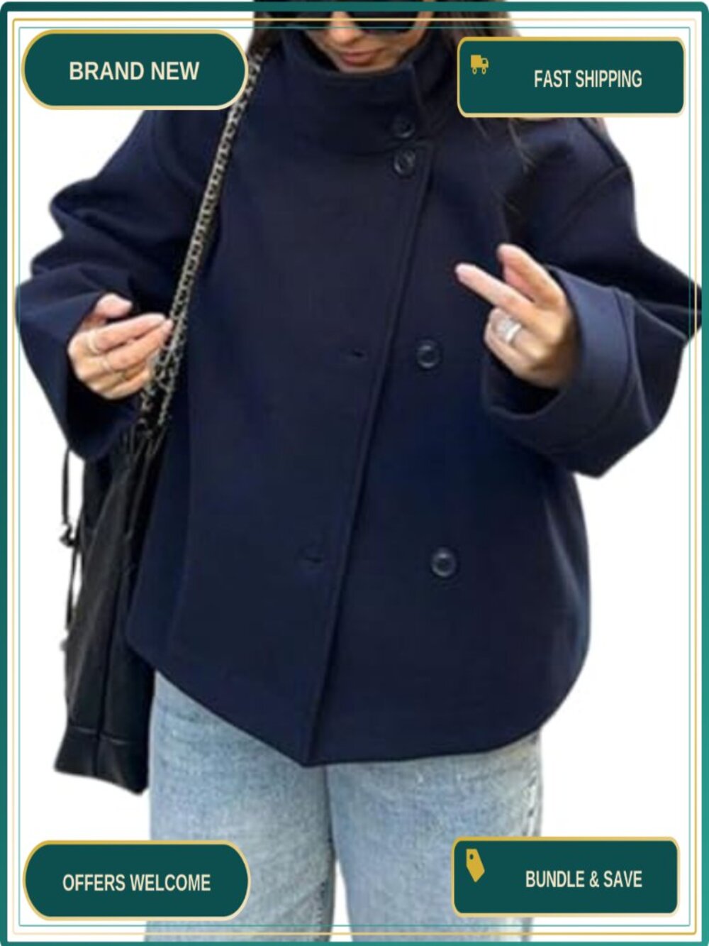 Wool Blend Crop Pea Coat Loose Fit Winter Short Jacket